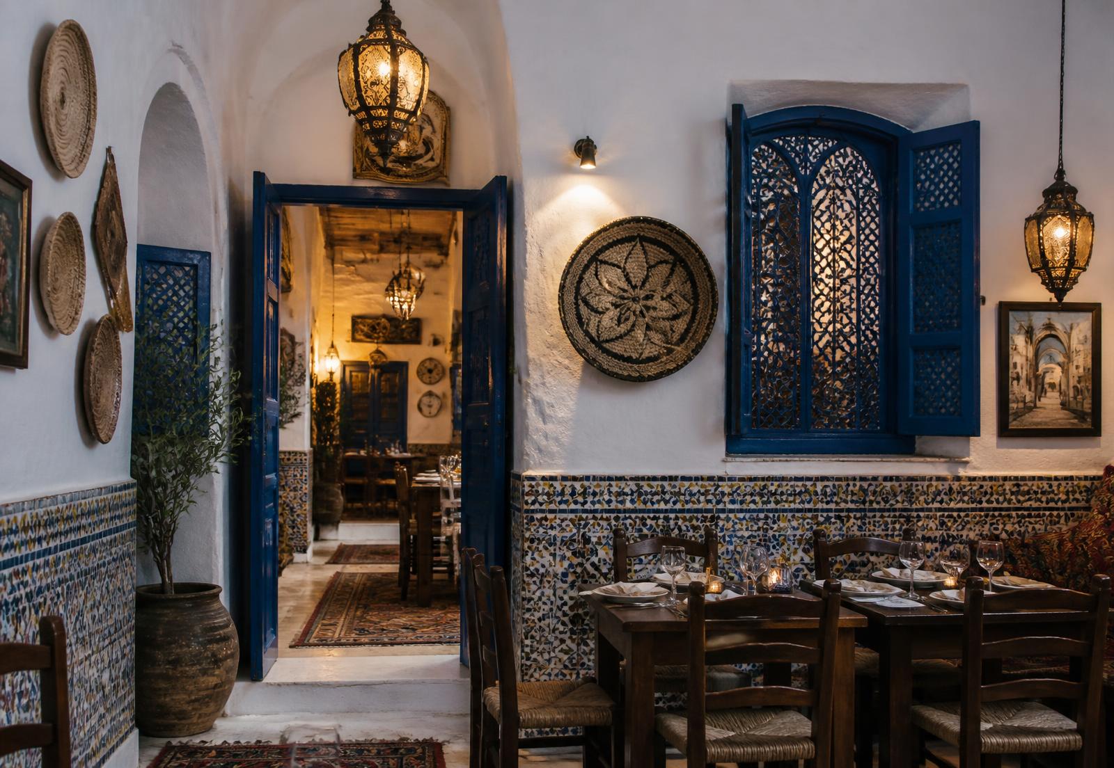 Salle intérieure aux murs blancs et portes bleues du restaurant Seles