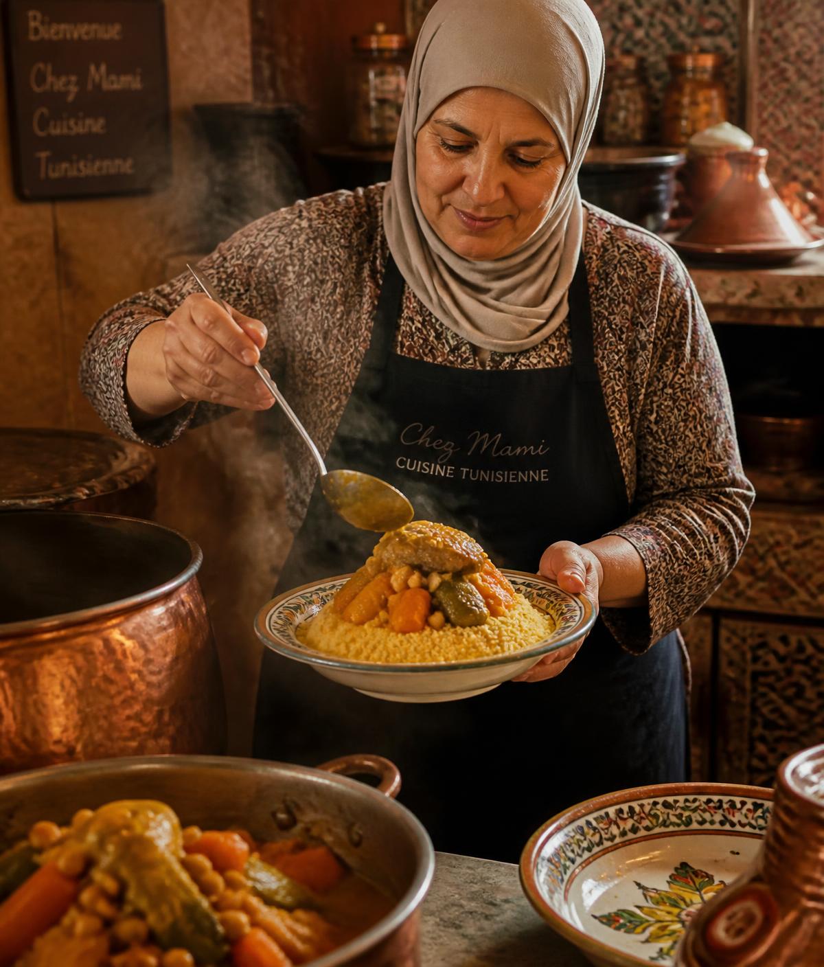 La cheffe de Seles dressant un couscous tunisien dans la cuisine familiale