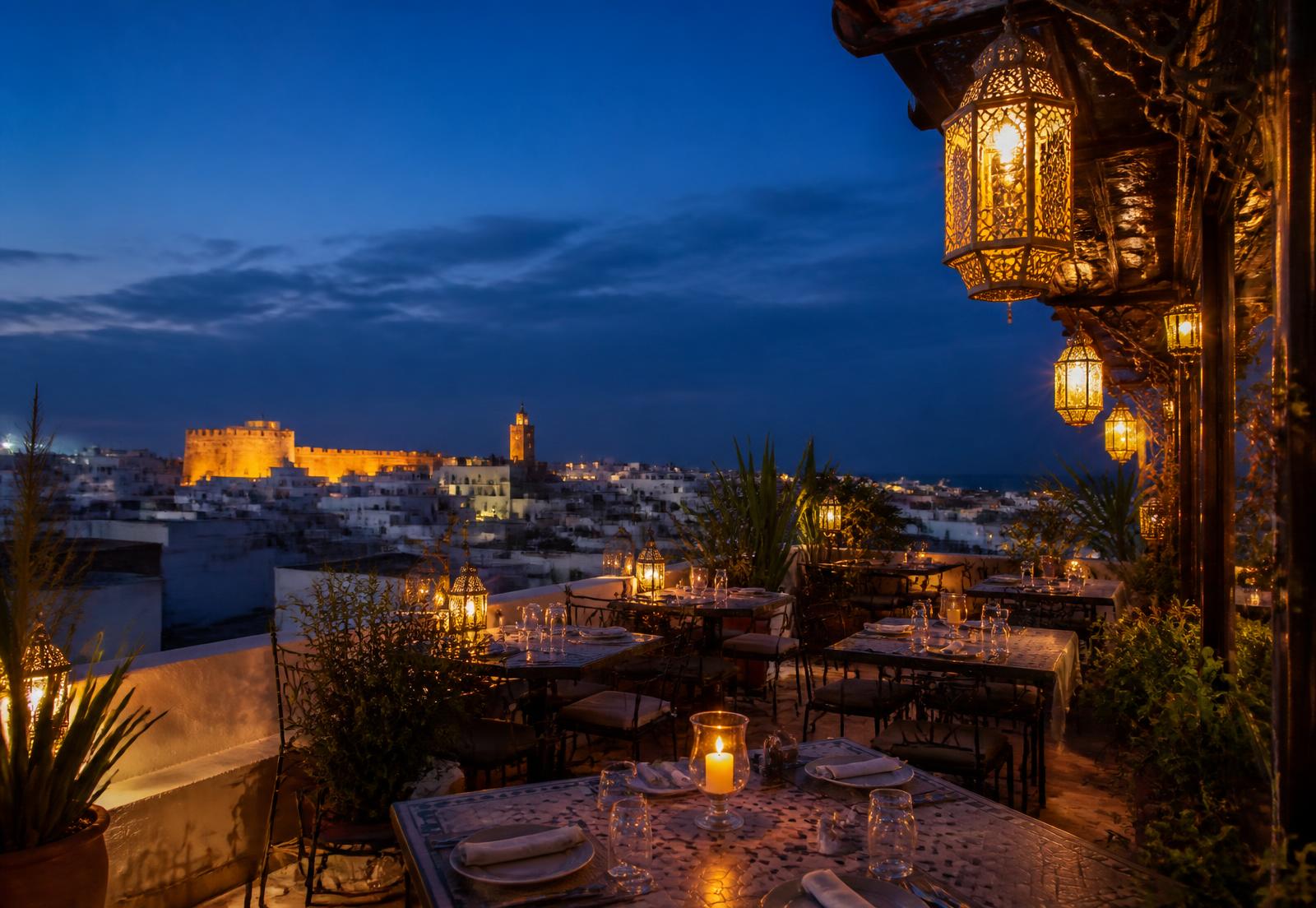 Terrasse rooftop de Seles Café & Restaurant illuminée à la tombée de la nuit